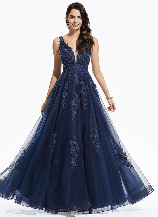 Prom Dresses Tulle Floor-Length Arianna A-Line Sequins With V-neck Lace