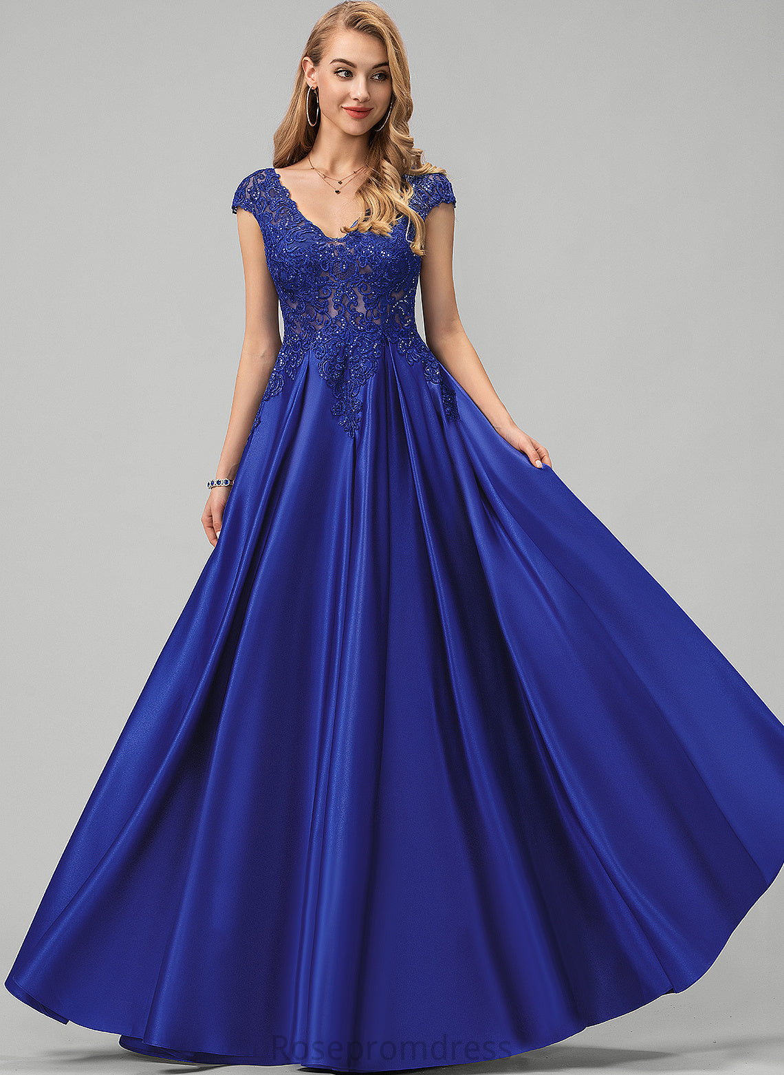 Prom Dresses Satin With V-neck Sequins Floor-Length Micah Ball-Gown/Princess