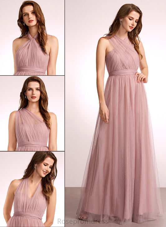 Neckline One-Shoulder Fabric Straps A-Line Length Silhouette V-neck Off-the-Shoulder Tulle Floor-Length Leslie Bridesmaid Dresses