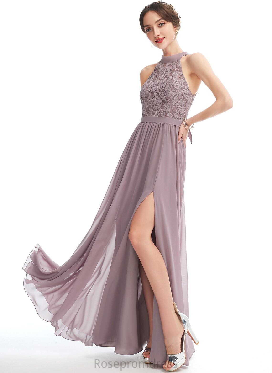 A-line Lace Floor-Length Fabric Silhouette Halter Length Straps&Sleeves Neckline Geraldine Bridesmaid Dresses