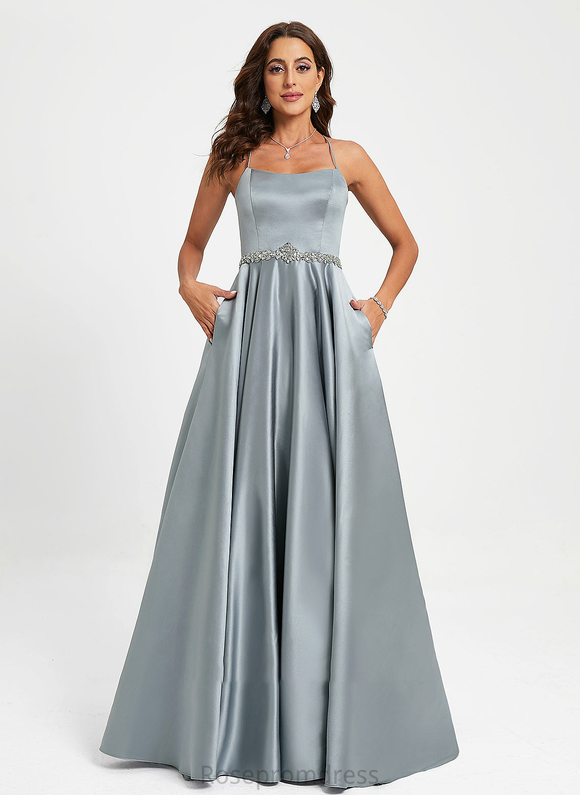 Prom Dresses Floor-Length Satin Neck Anabelle A-Line Scoop Beading With