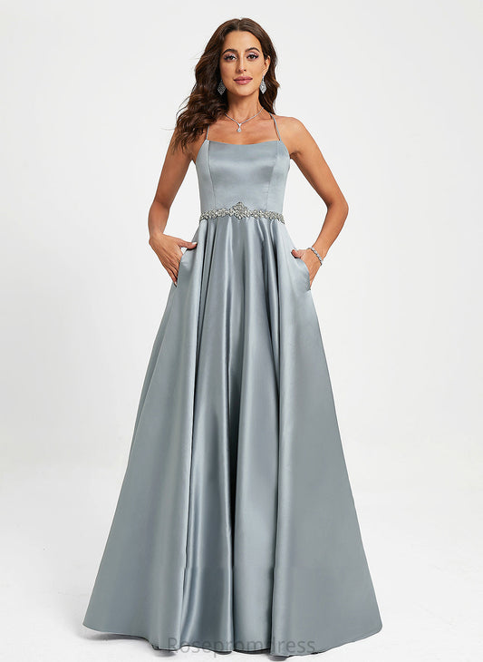 Prom Dresses Floor-Length Satin Neck Anabelle A-Line Scoop Beading With