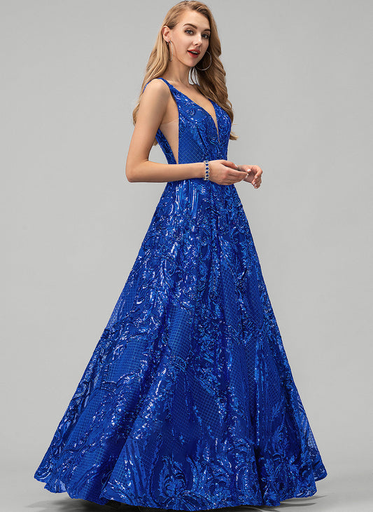 Prom Dresses Sequined Floor-Length Sequins A-Line V-neck Sadie With