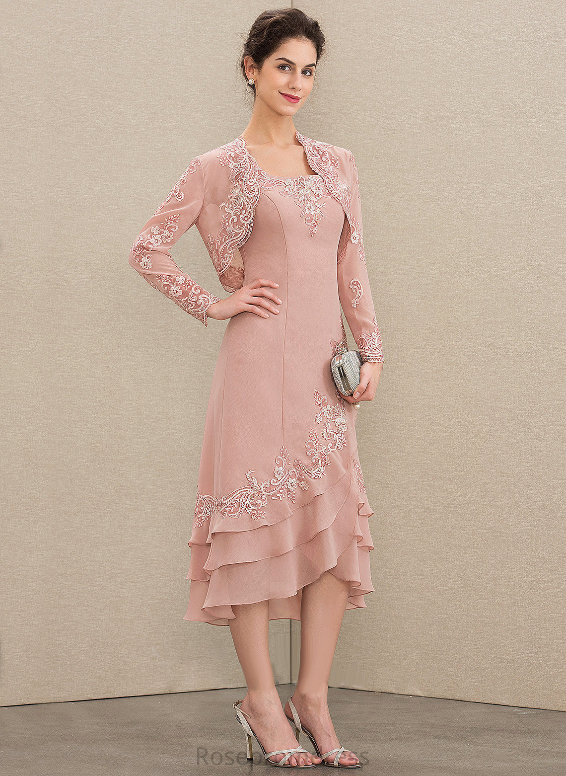of Selena With Mother Mother of the Bride Dresses Bride Dress Lace Chiffon Neckline Appliques Cascading A-Line Asymmetrical Square Ruffles the