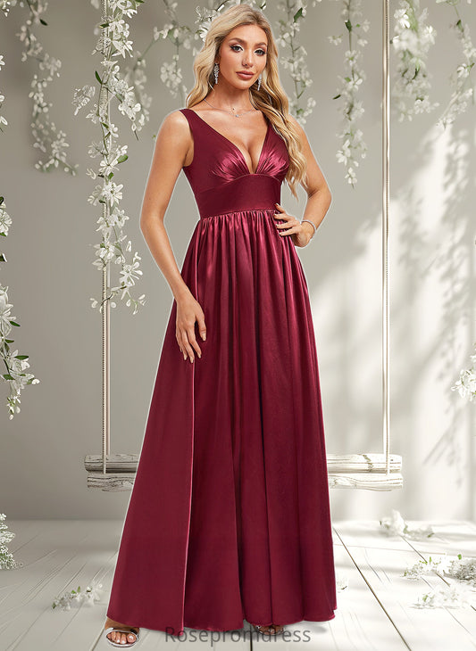 Phoebe A-line V-Neck Floor-Length Stretch Satin Bridesmaid Dress DSP0025771