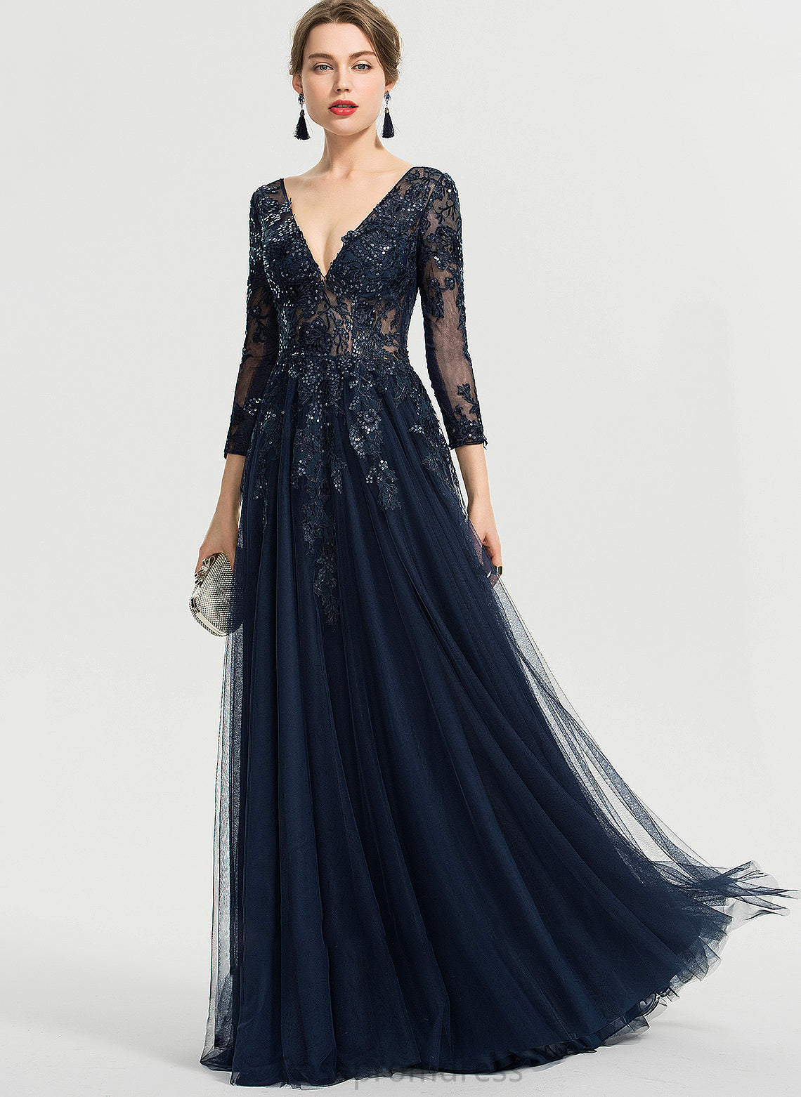 Prom Dresses Floor-Length Sequins Kaylin Tulle With V-neck A-Line