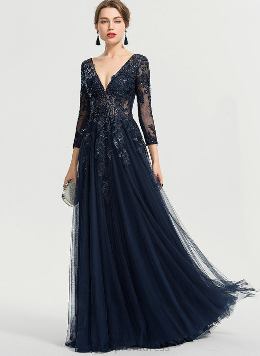 Prom Dresses Floor-Length Sequins Kaylin Tulle With V-neck A-Line