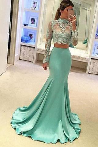 Pretty Two Pieces High Neck Long Sleeve Lace Prom Dress Sexy Mermaid Prom Dresses RS682
