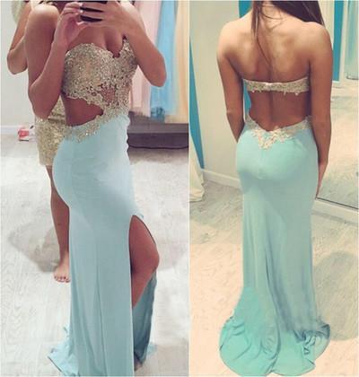 Sexy Slit Long Sweetheart Backless Strapless Green Mermaid Beads Prom Dresses RS973
