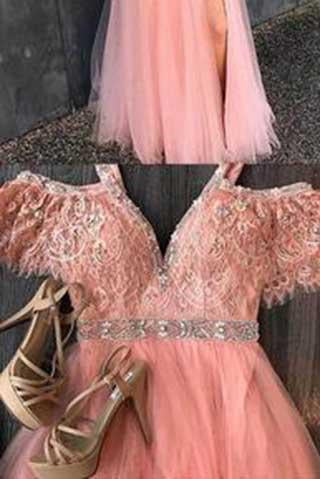 Pretty tulle lace V-neck slit off-shoulder long dress summer prom dresses RS812