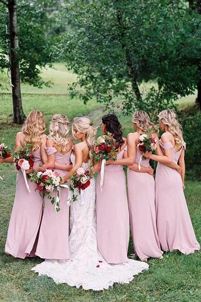 Dusty Pink Chiffon Sheath Off Shoulder Long Bridesmaid Dresses, Wedding Party Dresses SRS15141