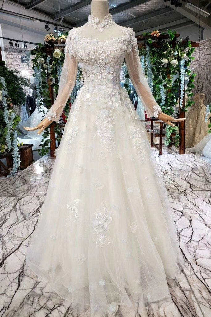 Princess Tulle High Neck Long Sleeve Handmade Flowers Lace up Prom Dresses RS795