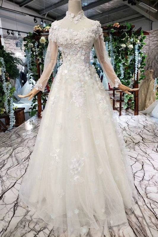 Princess Tulle High Neck Long Sleeve Handmade Flowers Lace up Prom Dresses RS795