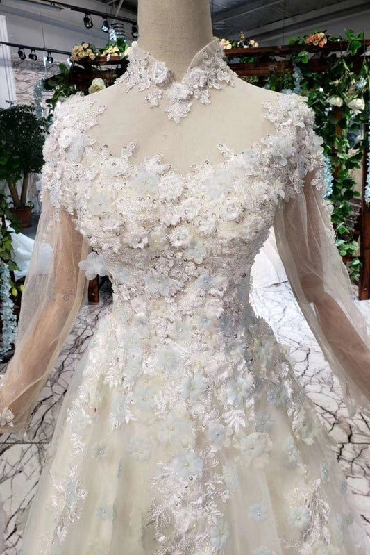 Princess Tulle High Neck Long Sleeve Handmade Flowers Lace up Prom Dresses RS795