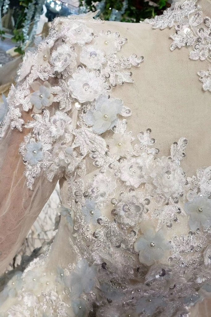 Princess Tulle High Neck Long Sleeve Handmade Flowers Lace up Prom Dresses RS795