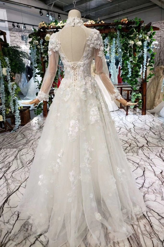 Princess Tulle High Neck Long Sleeve Handmade Flowers Lace up Prom Dresses RS795