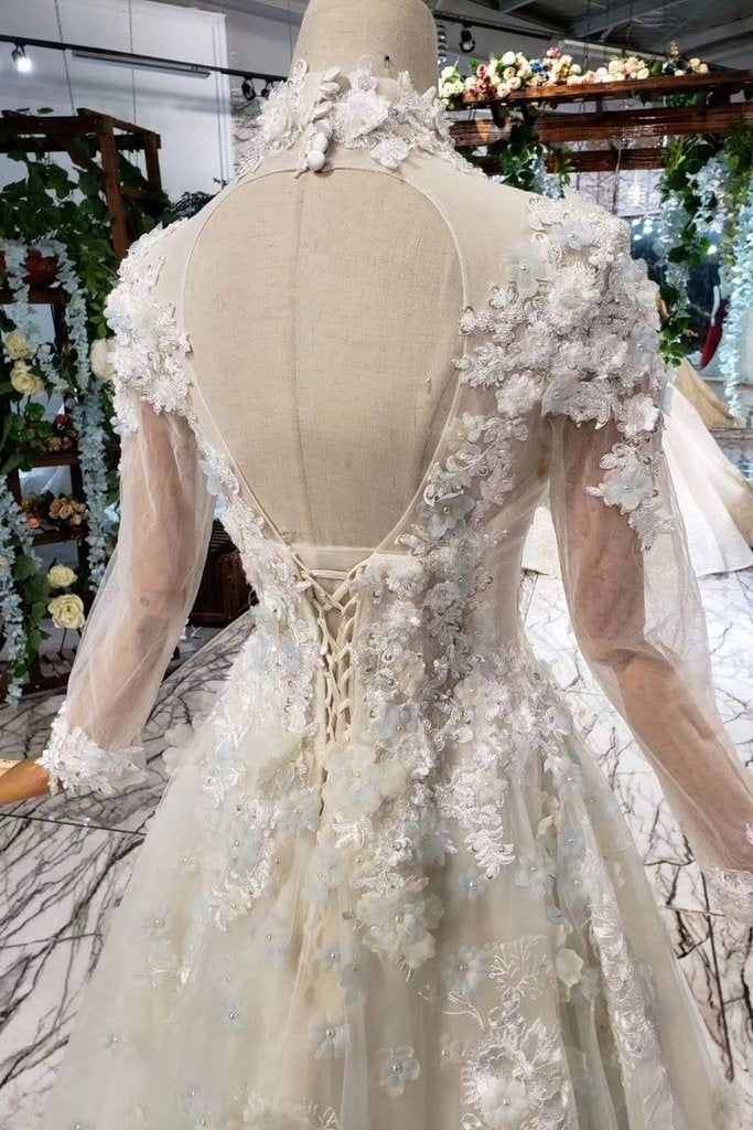 Princess Tulle High Neck Long Sleeve Handmade Flowers Lace up Prom Dresses RS795