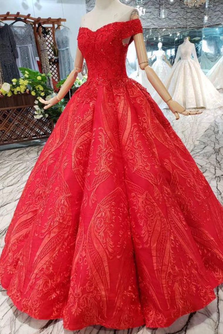 Red Off The Shoulder Lace Appliques Beads with Lace up Prom Dress Quinceanera Dresses RS788