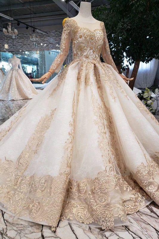 Princess Long Sleeve Ball Gown Scoop With Applique Beads Lace up Prom Dresses RS790