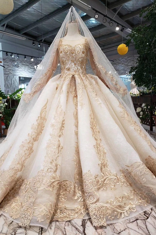 Princess Long Sleeve Ball Gown Scoop With Applique Beads Lace up Prom Dresses RS790