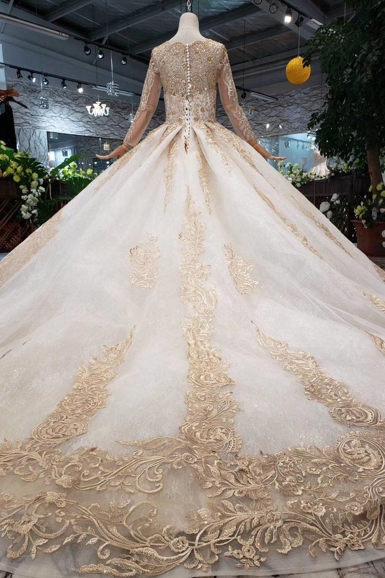 Princess Long Sleeve Ball Gown Scoop With Applique Beads Lace up Prom Dresses RS790