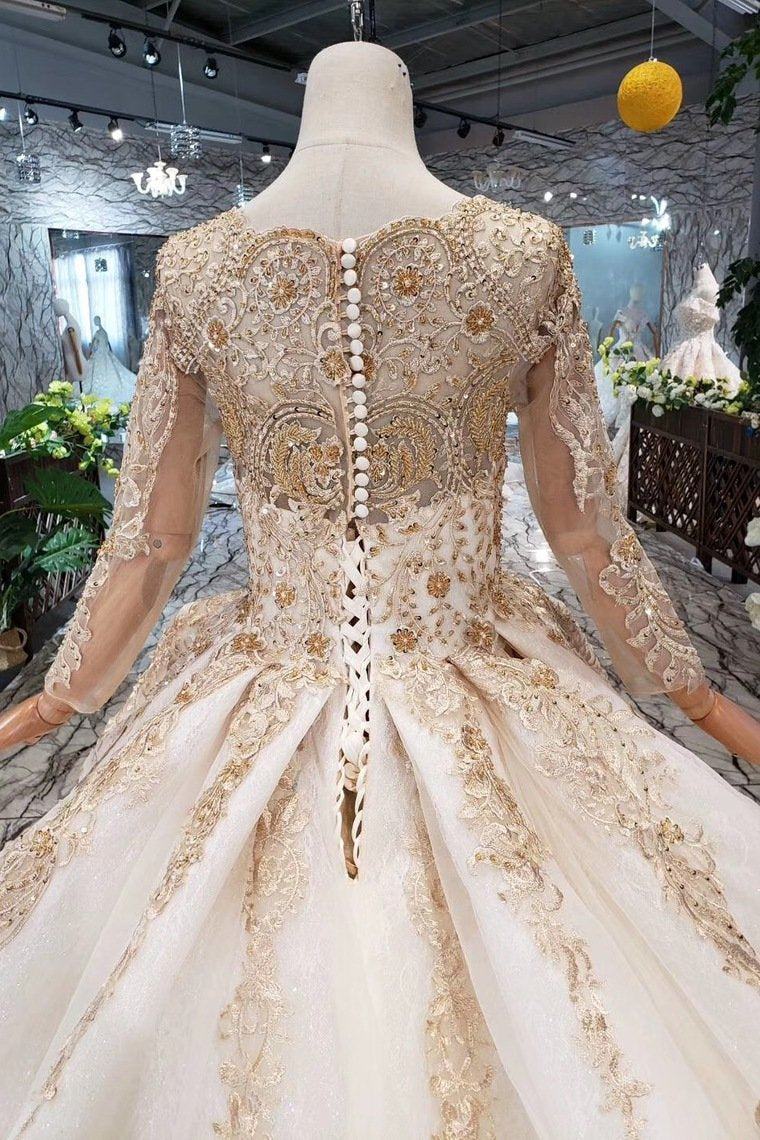 Princess Long Sleeve Ball Gown Scoop With Applique Beads Lace up Prom Dresses RS790