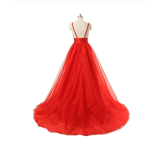 Red V-neck Backless Long Tulle Prom Dresses Evening Dresses RS494