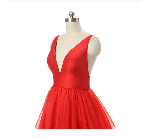 Red V-neck Backless Long Tulle Prom Dresses Evening Dresses RS494