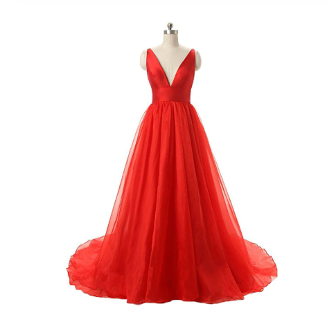 Red V-neck Backless Long Tulle Prom Dresses Evening Dresses RS494