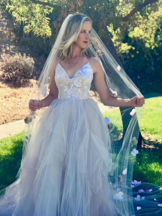 Princess Spaghetti Straps V Neck Pink Prom Dresses V Back Tulle Long Wedding Dresses P1071