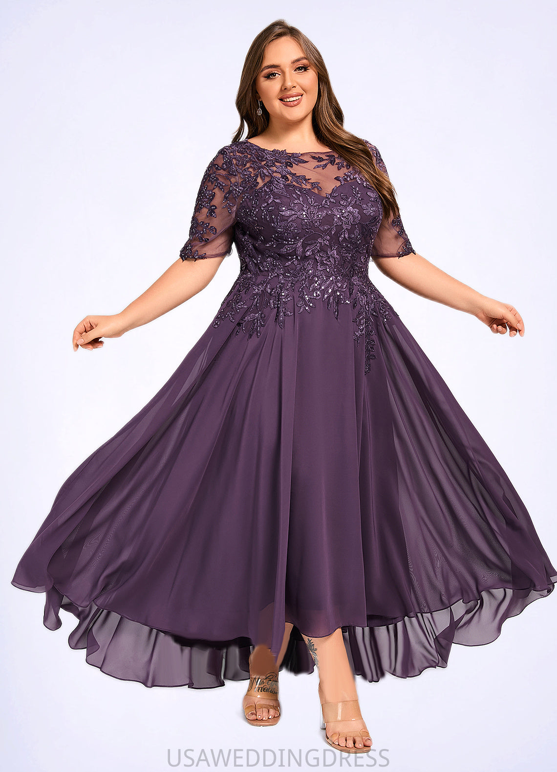 Marilyn A-line Scoop Illusion Asymmetrical Chiffon Lace Mother of the Bride Dress With Sequins DS126P0021630