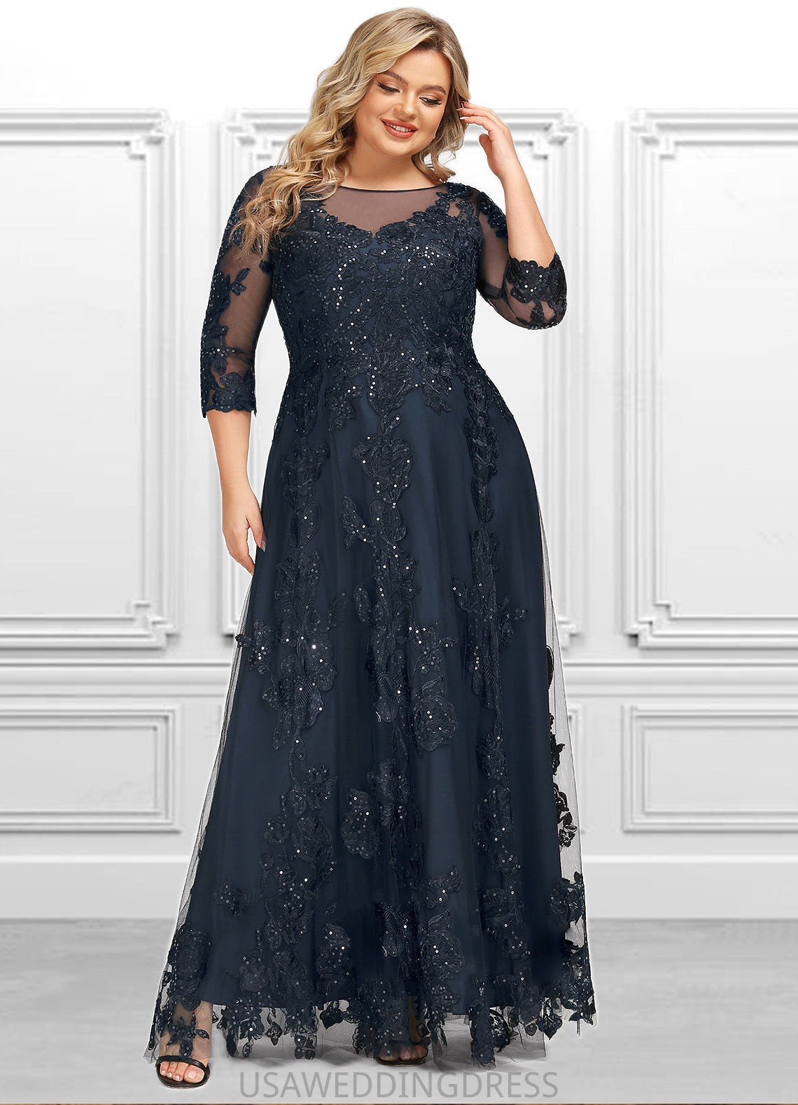 Maryjane A-line Scoop Illusion Floor-Length Lace Tulle Mother of the Bride Dress With Sequins DS126P0021631