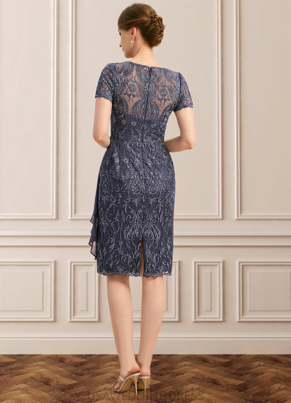 Taylor Sheath/Column Scoop Illusion Knee-Length Chiffon Lace Mother of the Bride Dress With Cascading Ruffles Sequins DS126P0021634