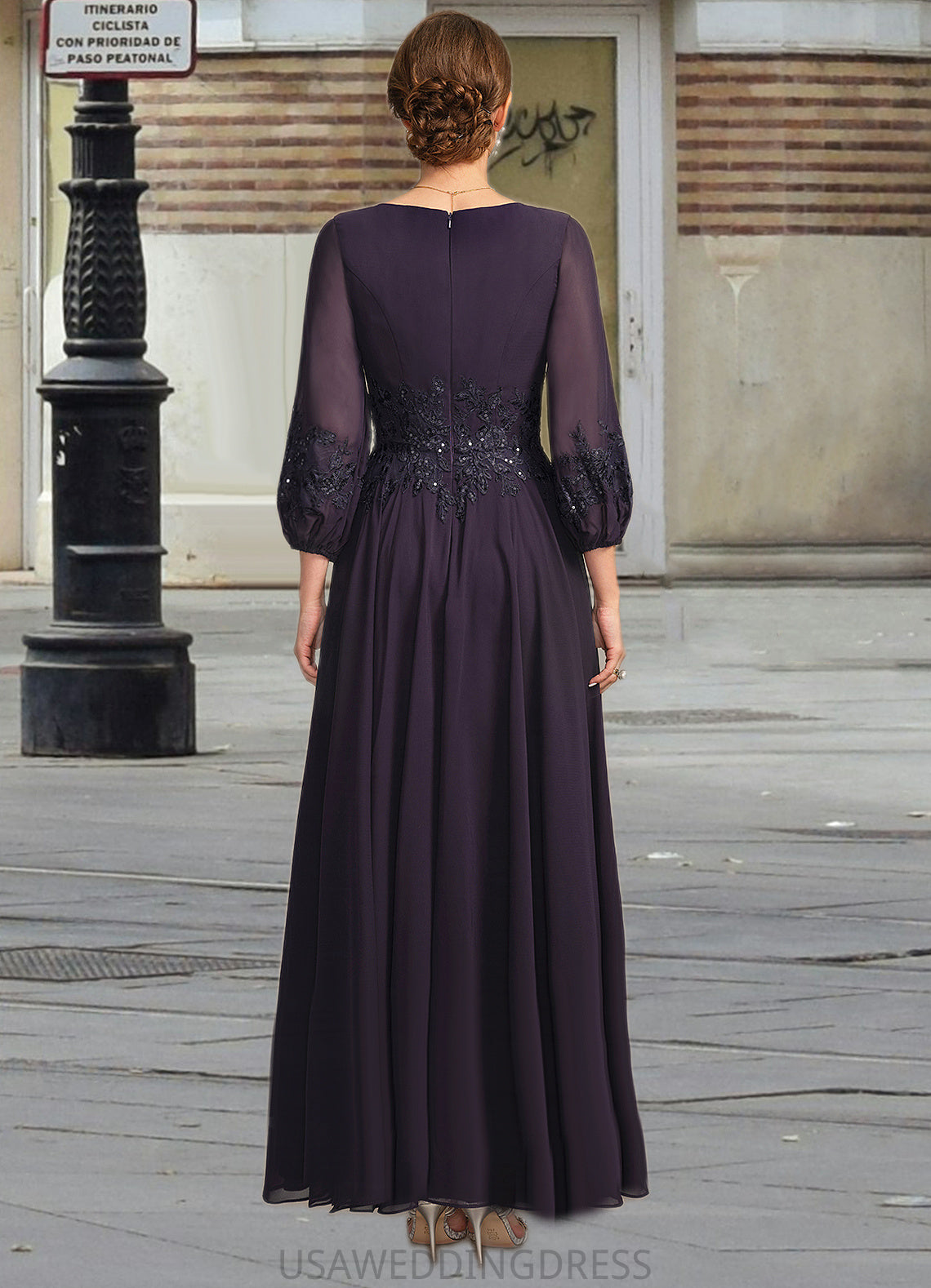 Selina A-line V-Neck Ankle-Length Chiffon Lace Mother of the Bride Dress With Sequins DS126P0021655