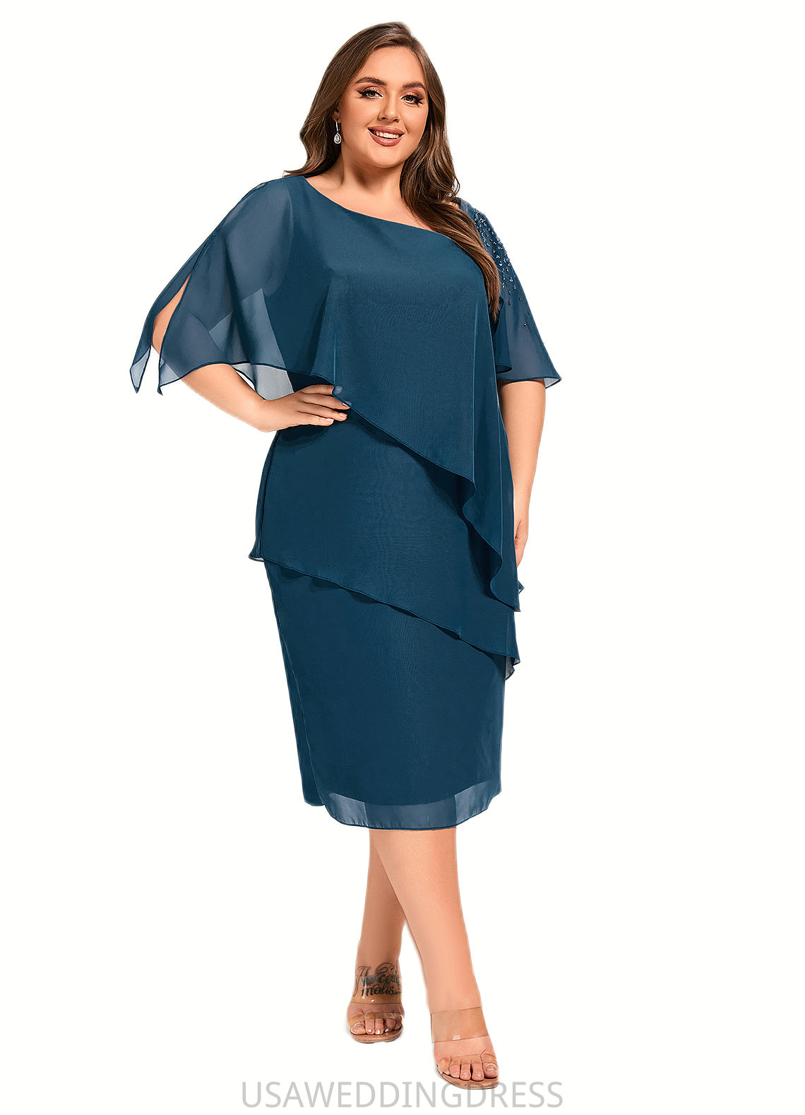 Brooke Sheath/Column Asymmetrical Knee-Length Chiffon Mother of the Bride Dress With Beading Sequins DS126P0021672