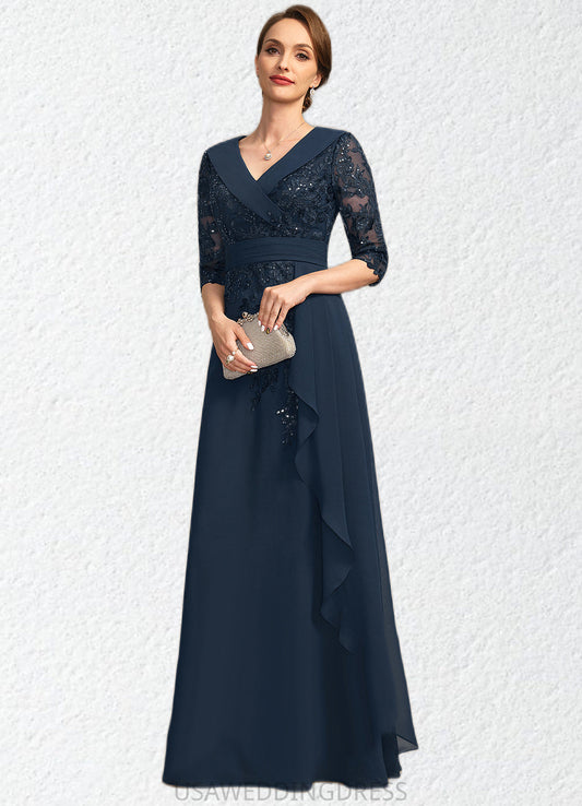 Angel A-line V-Neck Floor-Length Chiffon Lace Mother of the Bride Dress With Cascading Ruffles Sequins DS126P0021691