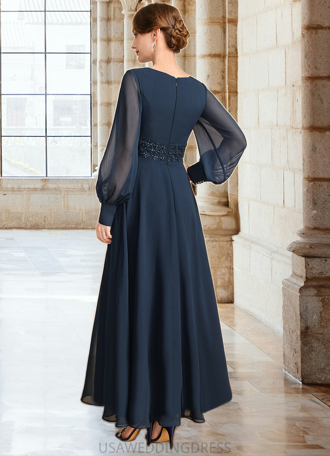 Germaine A-line V-Neck Ankle-Length Chiffon Mother of the Bride Dress With Beading Cascading Ruffles Sequins DS126P0021698