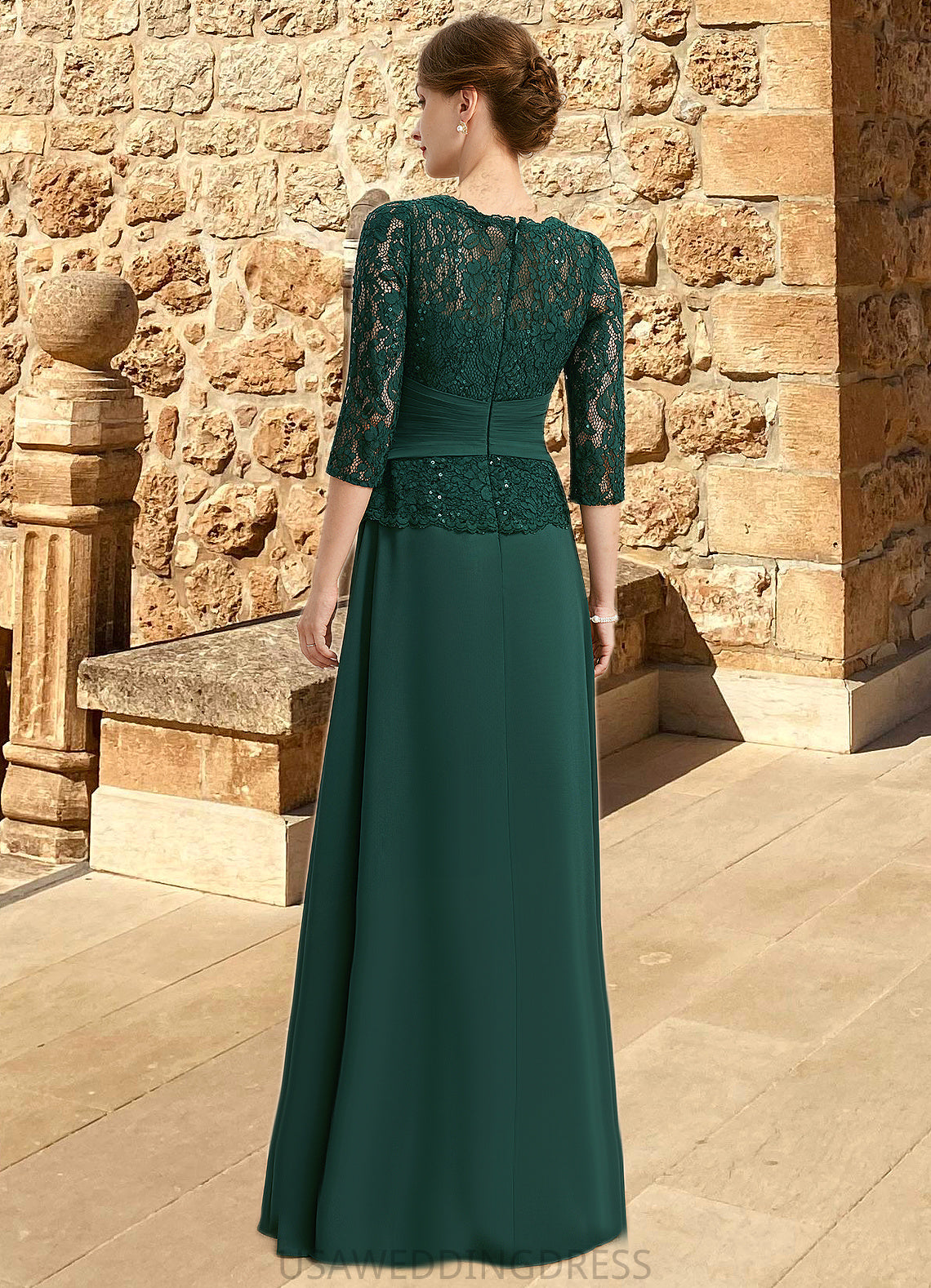 Xiomara A-line Scoop Illusion Floor-Length Chiffon Lace Mother of the Bride Dress With Beading Pleated Sequins DS126P0021700