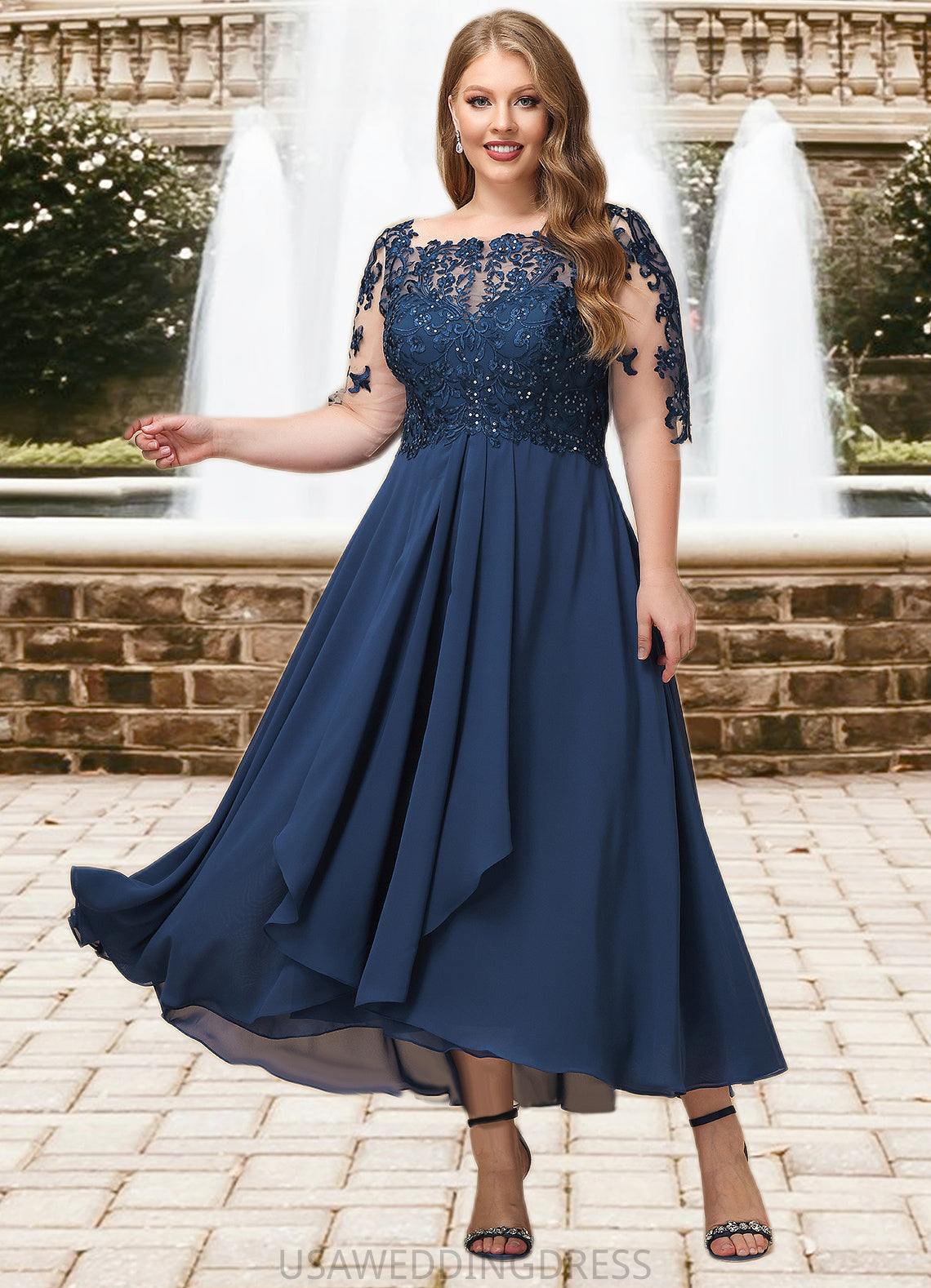 Eileen A-line Boat Neck Illusion Tea-Length Chiffon Lace Mother of the Bride Dress With Cascading Ruffles Sequins DS126P0021702