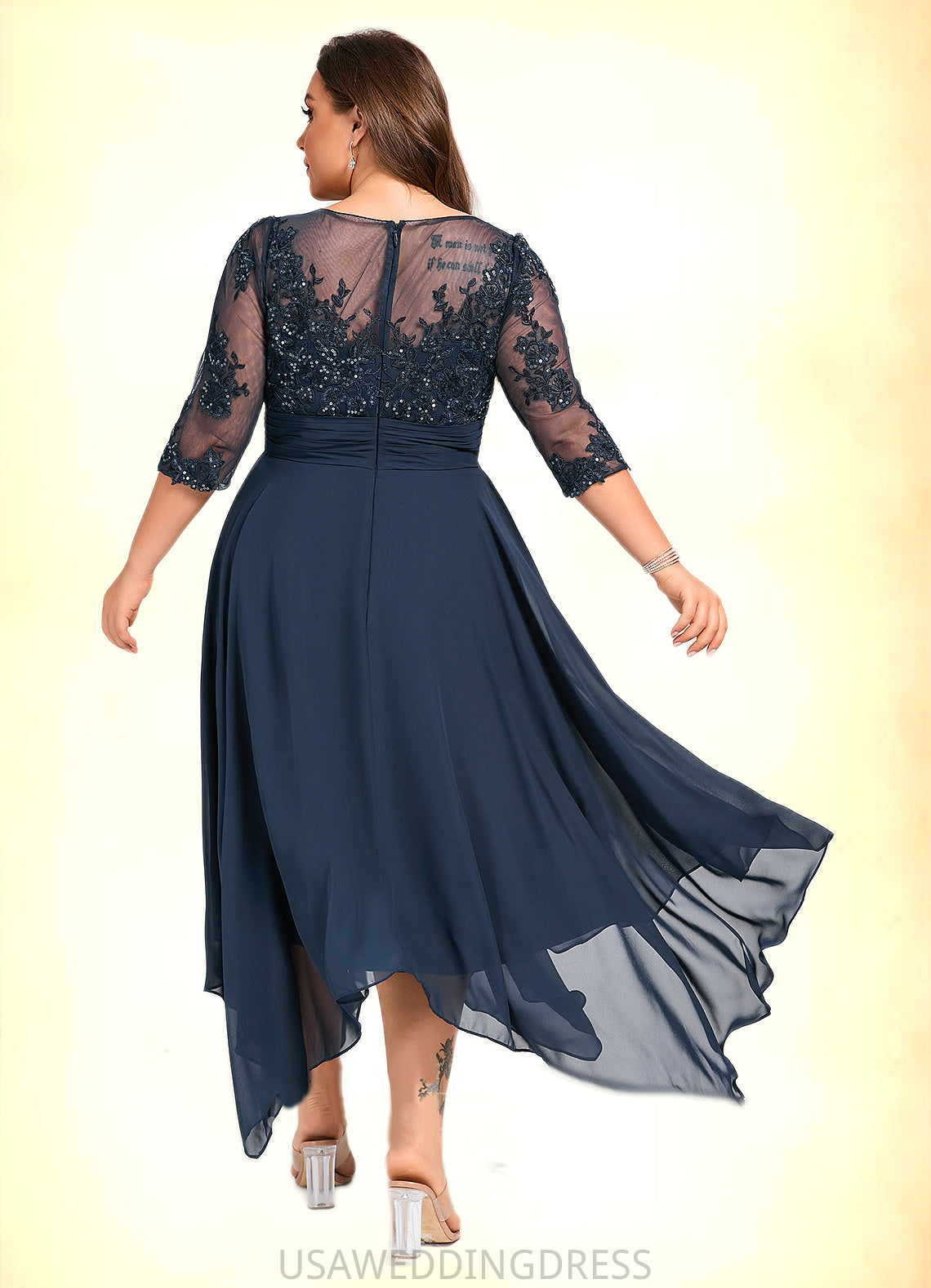 Meredith A-line Scoop Illusion Tea-Length Chiffon Lace Mother of the Bride Dress With Sequins DS126P0021704