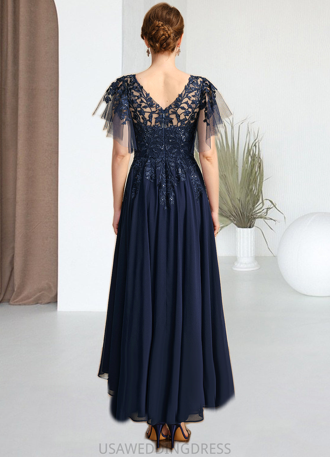 Janiyah A-line Scoop Illusion Asymmetrical Chiffon Lace Mother of the Bride Dress With Sequins DS126P0021712