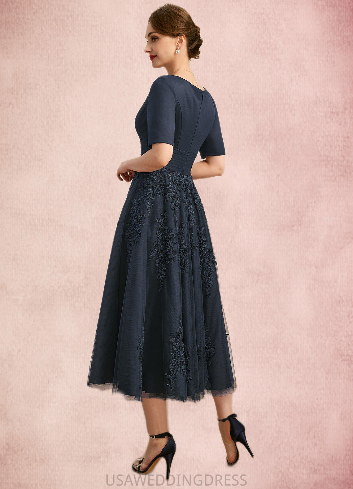 Kinsley A-line V-Neck Tea-Length Lace Tulle Mother of the Bride Dress With Pleated DS126P0021716