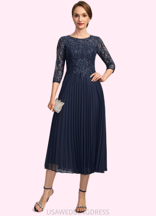Jasmine A-line Scoop Illusion Tea-Length Chiffon Lace Mother of the Bride Dress With Pleated Sequins DS126P0021720