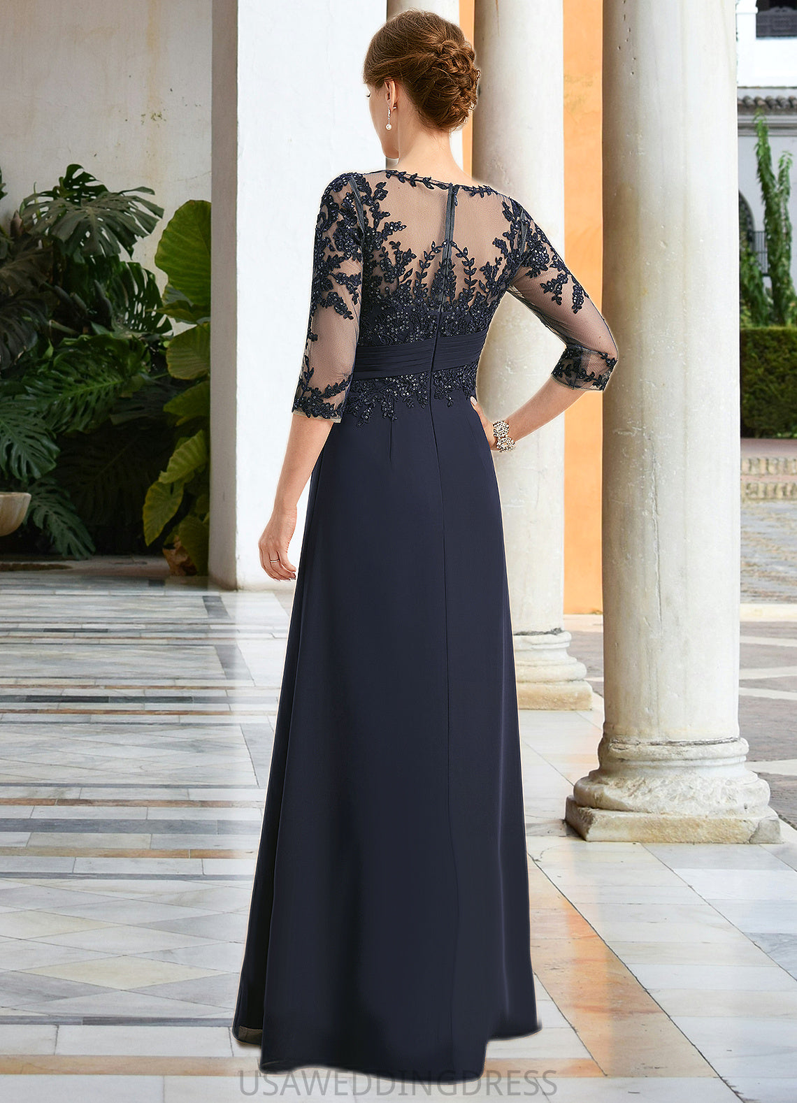 Emmy A-line Scoop Illusion Floor-Length Chiffon Lace Mother of the Bride Dress With Pleated Sequins DS126P0021741
