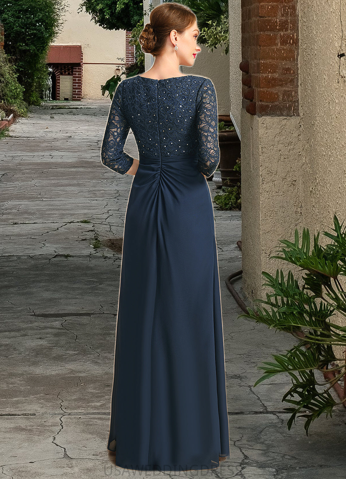Deja Sheath/Column V-Neck Floor-Length Chiffon Lace Mother of the Bride Dress With Beading Pleated Sequins DS126P0021743