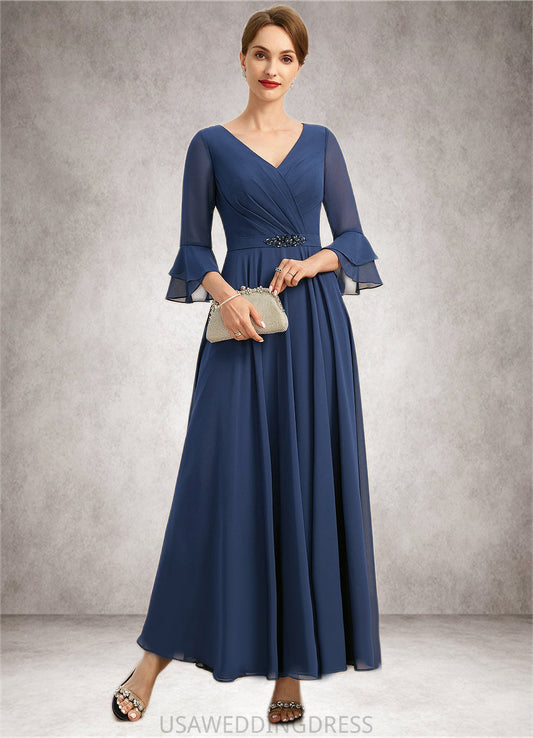 Sofia A-line V-Neck Ankle-Length Chiffon Mother of the Bride Dress With Beading Pleated Sequins DS126P0021745