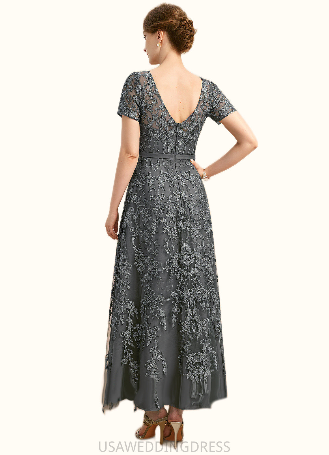 Layla A-line Scoop Illusion Ankle-Length Chiffon Lace Mother of the Bride Dress With Sequins DS126P0021753