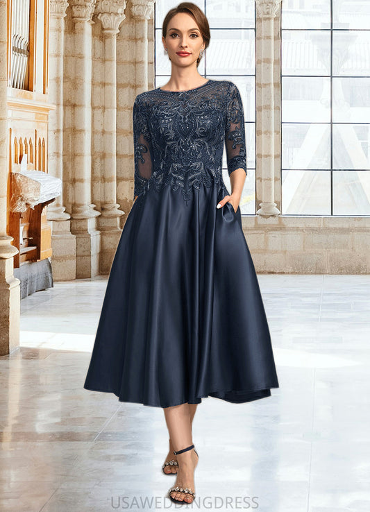 Michelle A-line Scoop Illusion Tea-Length Lace Satin Mother of the Bride Dress With Sequins DS126P0021762