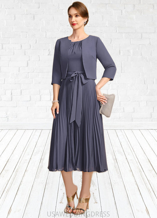 Pam A-line Scoop Tea-Length Chiffon Mother of the Bride Dress With Bow Pleated DS126P0021763