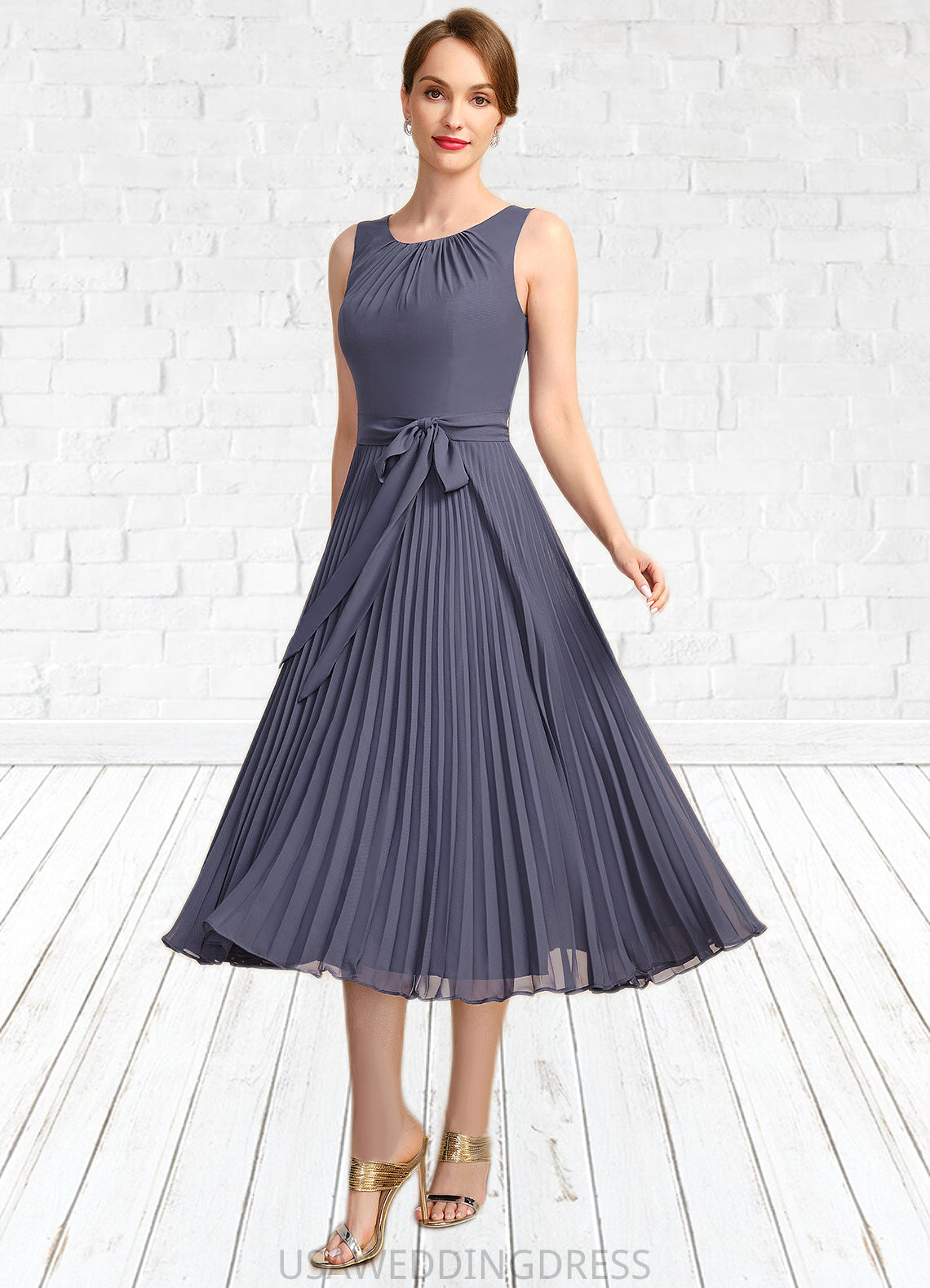 Pam A-line Scoop Tea-Length Chiffon Mother of the Bride Dress With Bow Pleated DS126P0021763